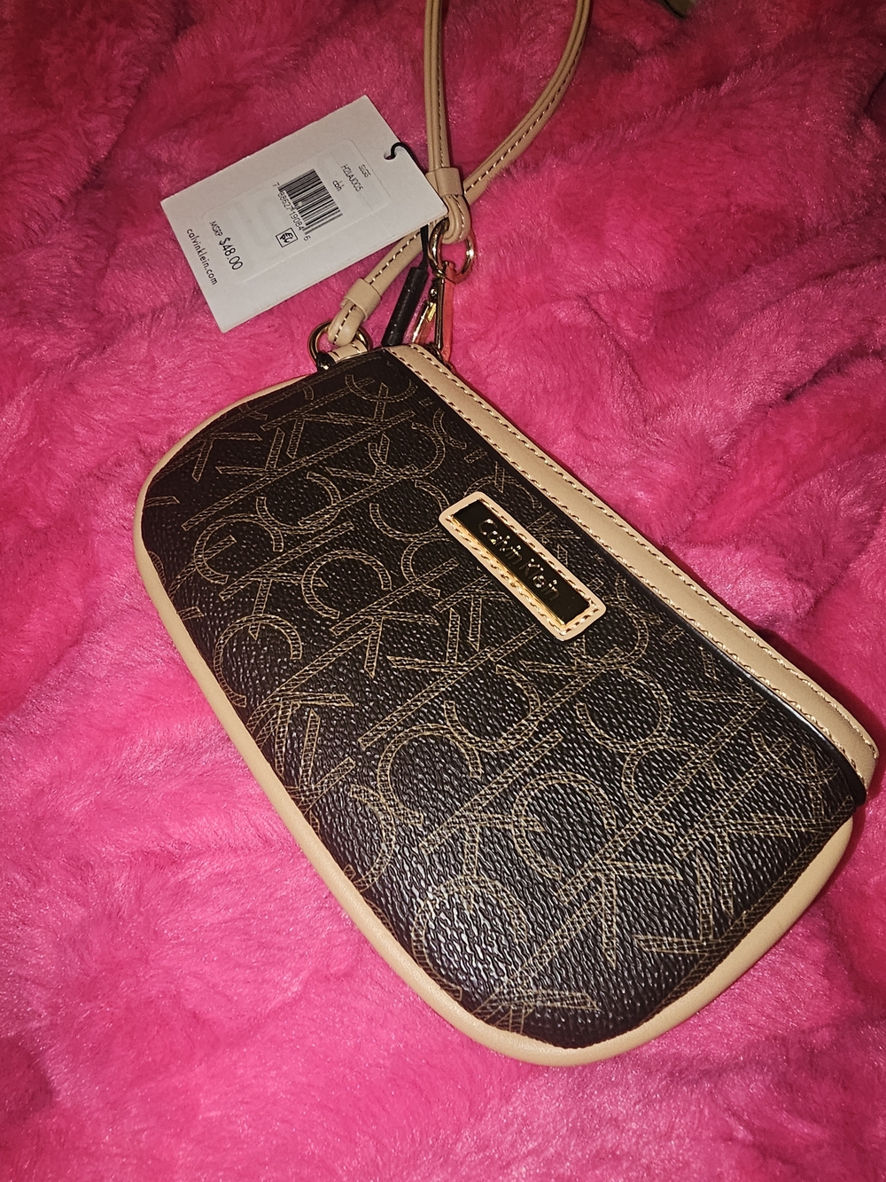 Calvin Klein  Brown Signature Canvas Wristlet with Tan Trim